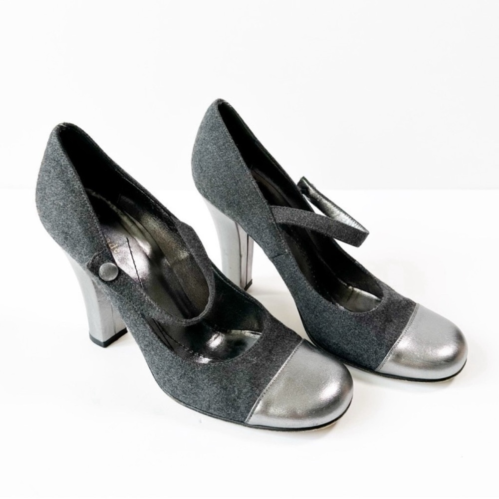 Kate Spade Woman Gray Wool Mary Jane Round Toe Chunky Heels US9 Classic Coquette